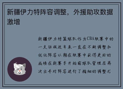 新疆伊力特阵容调整，外援助攻数据激增